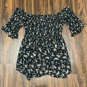 Free People Black Floral Smocked Off Shoulder Top
